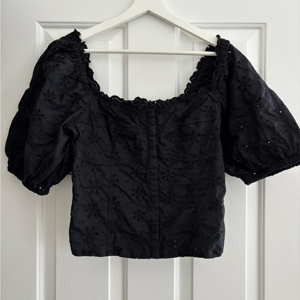GAP Black Eyelet Puff-Sleeve Square Neck Top